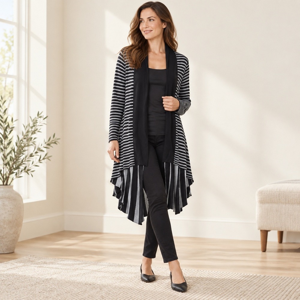 Soft Surroundings Black Grey Striped High Low Open Front Cardigan SZ M